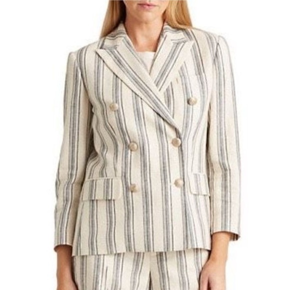 Lauren Ralph Lauren Size 8P Twill Linen Blend Striped Blazer Crest Buttons - Picture 1 of 10